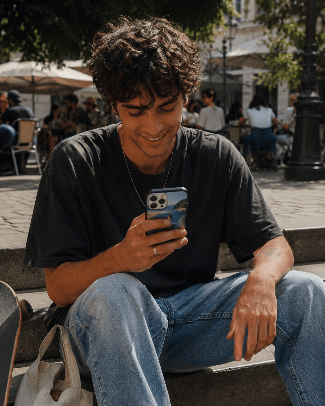 Pessoa sorrindo ao olhar o celular com uma capinha TokYou de foto de praia
